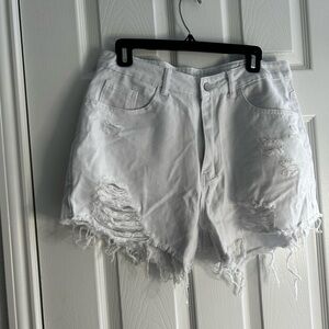Distressed White Denim Shorts